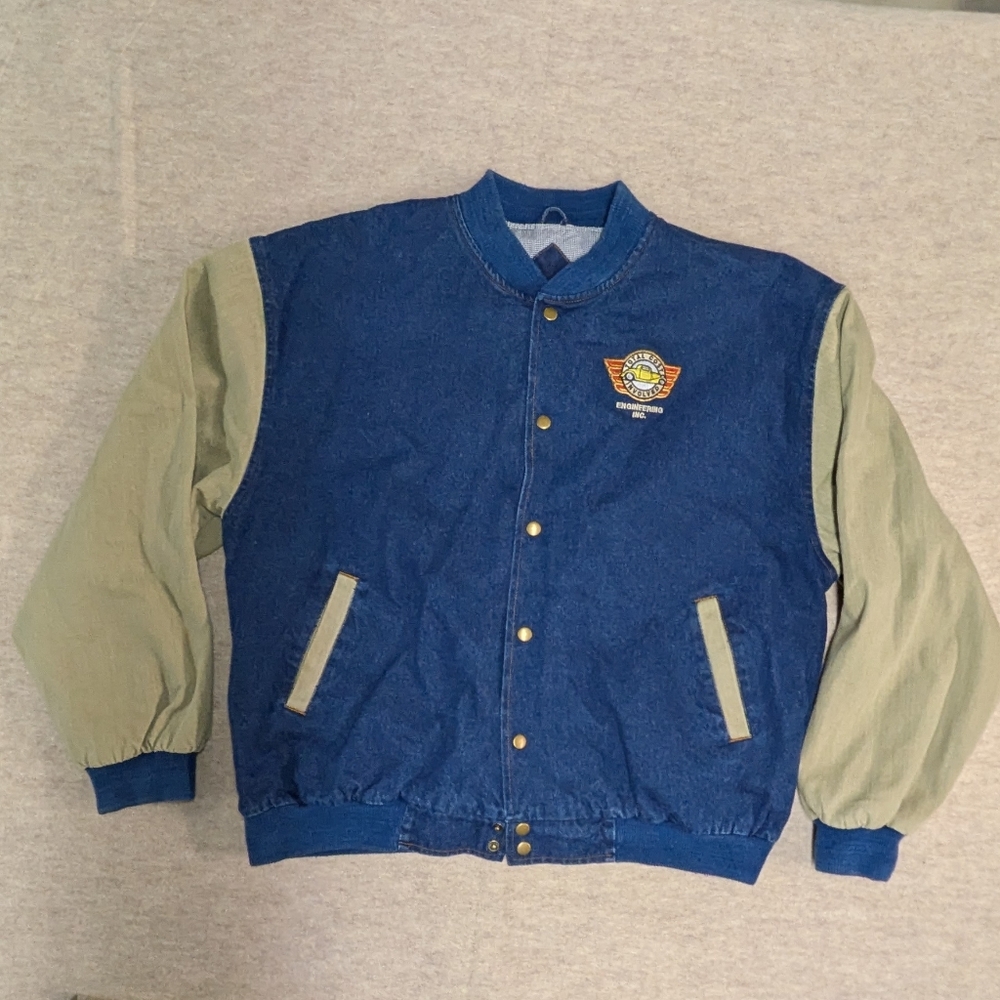 Vintage Denim Cotton Bomber Jacket Blue & Tan Total Cost Car Enthusist Size XL
